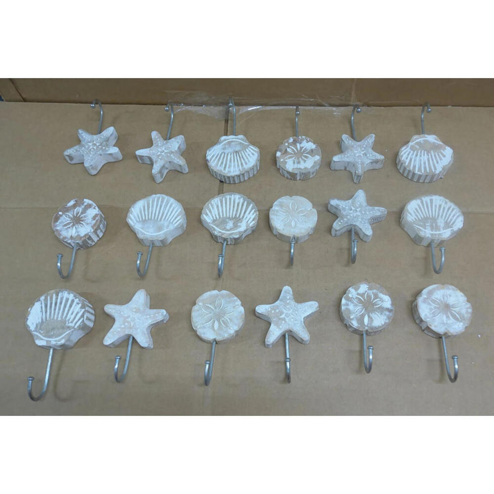Two's Company Coastal Wall Hooks – Set of 18 – Starfish, Shell & Sand Dollar